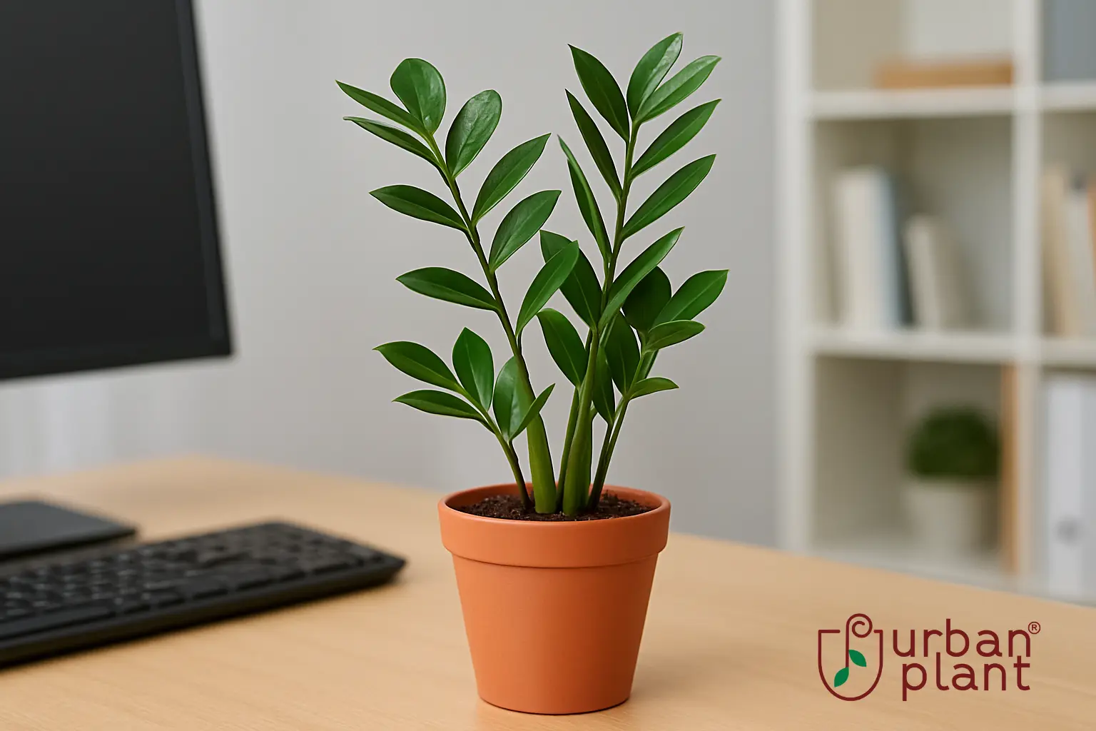ZZ Plant (Zamioculcas zamiifolia) – low-maintenance office desk plant that survives almost anywhere, placed on a modern workspace desk – Urban Plant